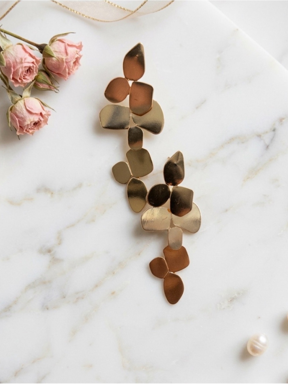 Gold Petal Statement Drop Earrings — Botanical Chandelier Style - Picture 3 of 5